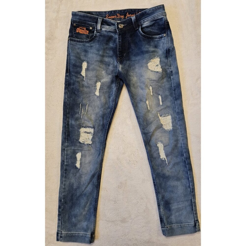 Mens Vintage SuperDry Stretch Relaxed Straight Blue Distressed Jeans Size 32
